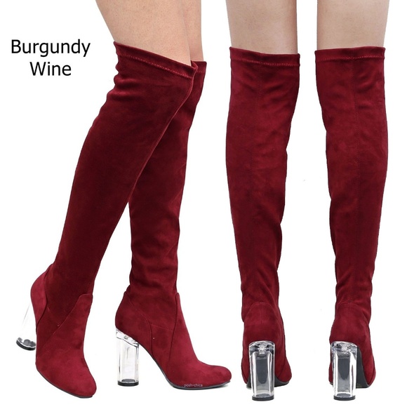 Shoes - New Wine Stretch Suede Over Knee Clear Heel Boots